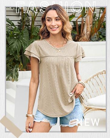 Women's Summer Tops Crewneck Eyelet Ruffle Short Sleeve Blouses Casual Babydoll Shirts 2025 S-2XL Lightweight Soft Knitted Fabric Trendy Babydoll Style