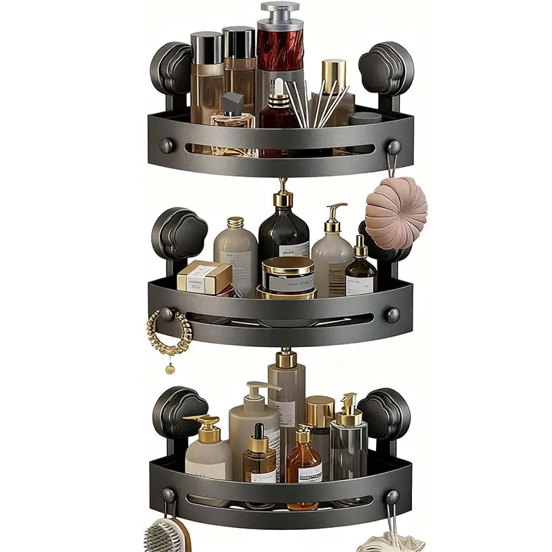 3-Piece Suction Cup Triangle Bathroom Storage Rack, Wall Mounted No-Drill Washbasin Toilet Organizer, Plastic Corner Shelf