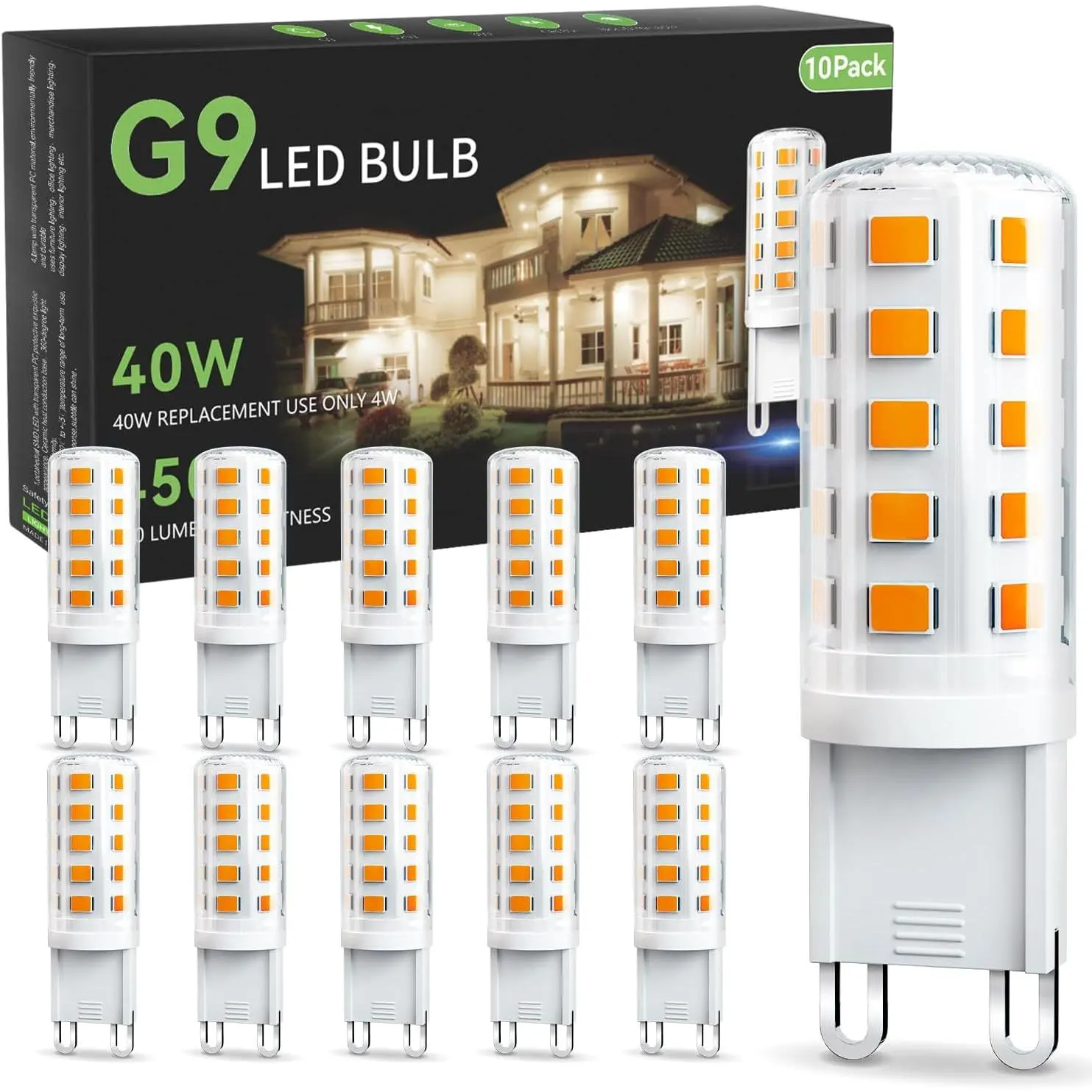G9 LED Bulb 4W, 2700K Soft Warm White 10 Pack, Equivalent 40 Watt T4 G9 Halogen Replacement, G 9 Bi-pin Base Light Bulbs for Chandelier, 120V 450 LM 360 Beam Angle for Home Lighting, Non-dimmable