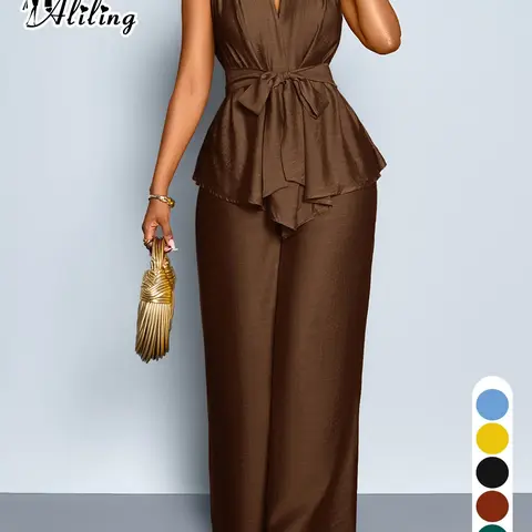 Two-Piece Summer Casual Women's Deep V Neck Sleeveless Belted Top & High Waist Wide Leg Pants Set for Outing, Office and Date Night Clothes