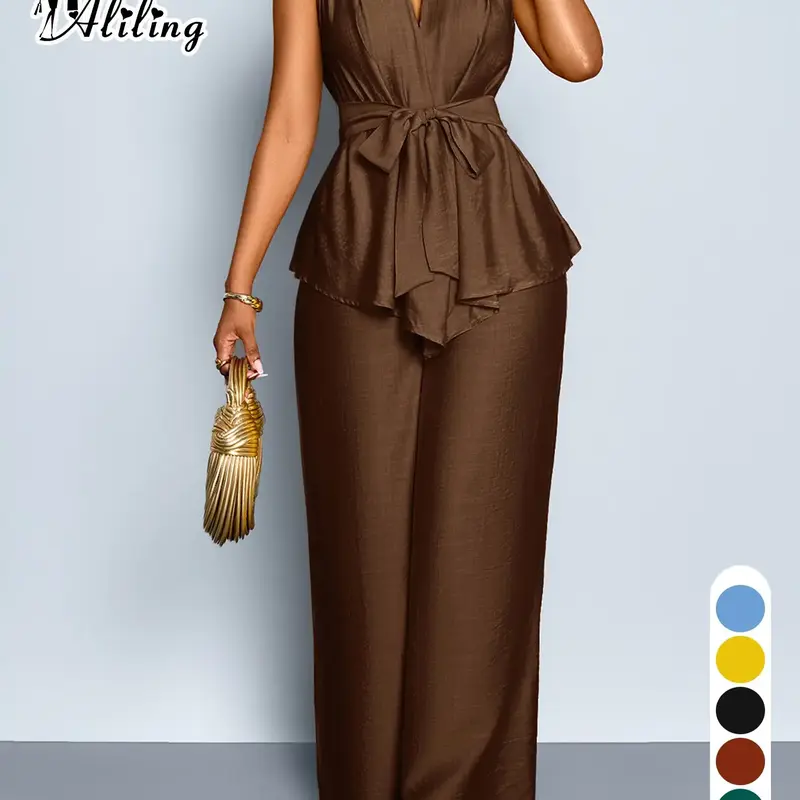 Two-Piece Summer Casual Women's Deep V Neck Sleeveless Belted Top & High Waist Wide Leg Pants Set for Outing, Office and Date Night Clothes