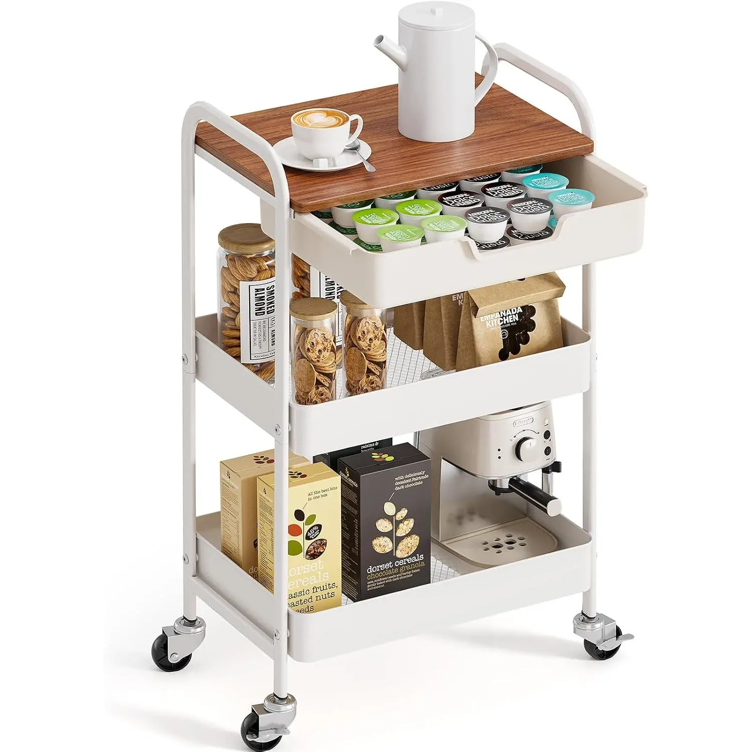 3 Tier Metal Utility Rolling Cart - White Storage Cart with Drawer and Wooden Table Top, Trolley Kitchen Organizer Rolling Desk with Locking Wheels for Office, Classroom, Home, Bedroom