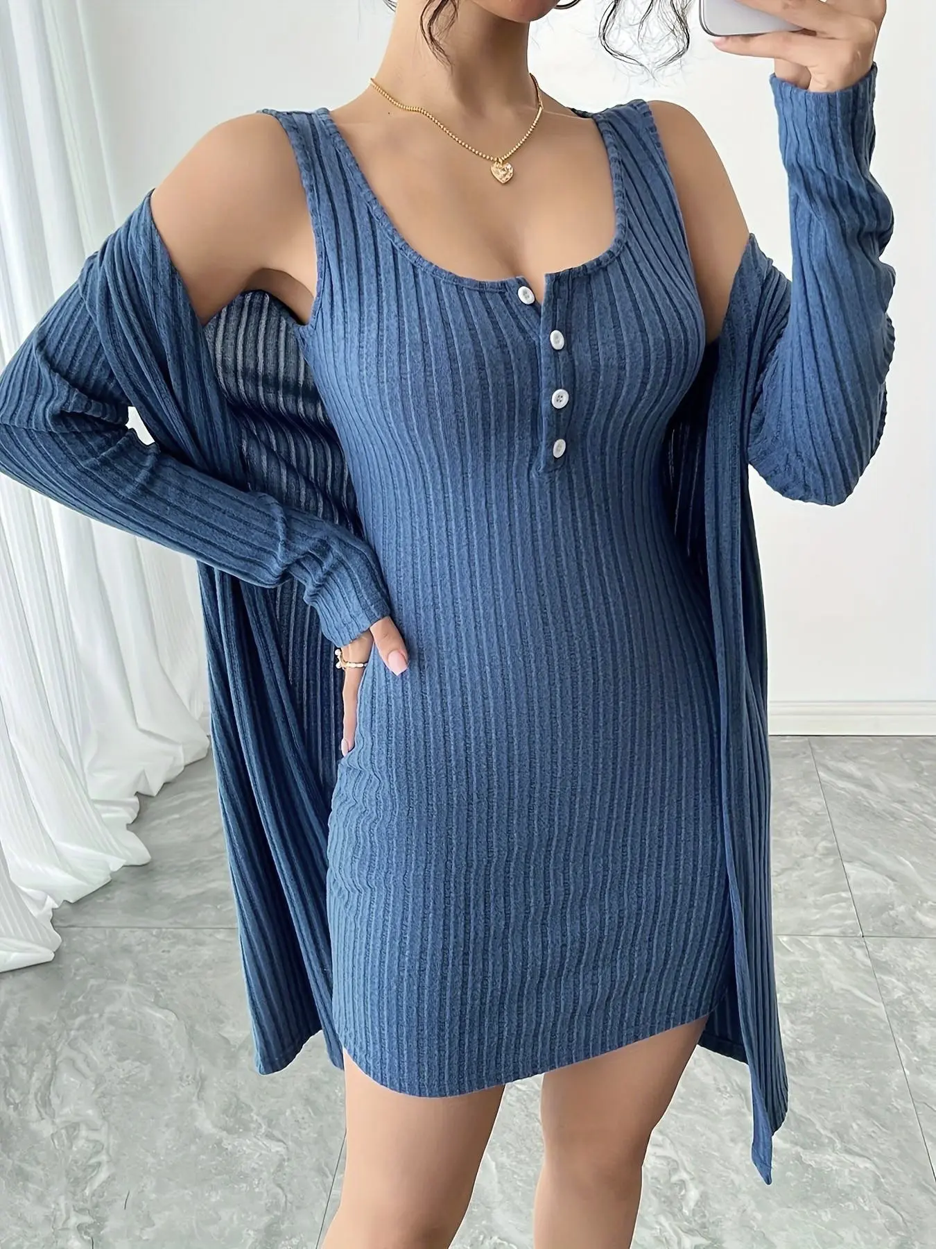 Women's Casual Two-Piece Set, Pocketed Ribbed Henry Neck Dress and Long Sleeve Open Front Top, Ladies Fashion, Blue