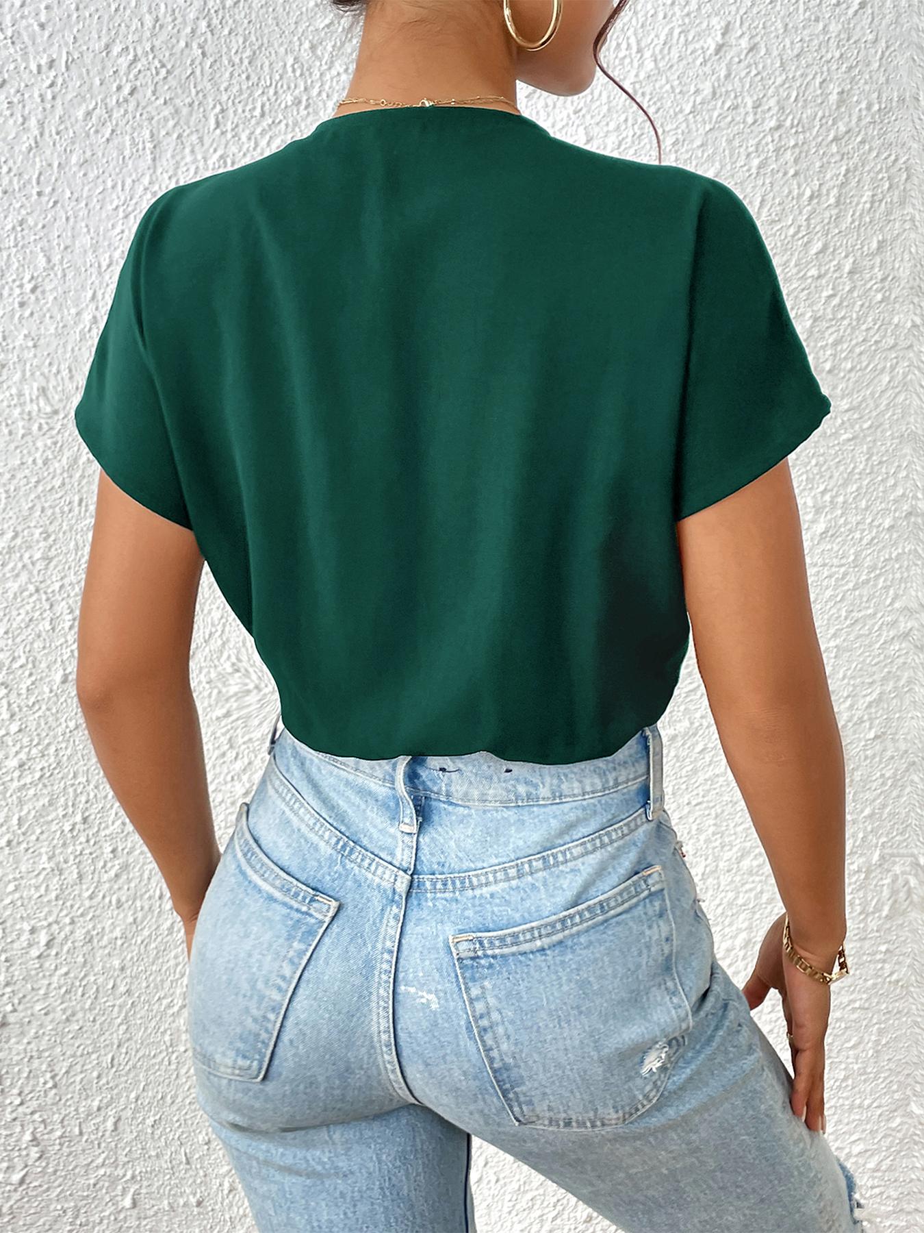 Women's Plain Basic Wrap Batwing Sleeve Bodysuit, Elegant Deep V Neck Short Sleeve Bodysuit, Women Summer Outfit for Daily Wear, Shortie Bodysuit