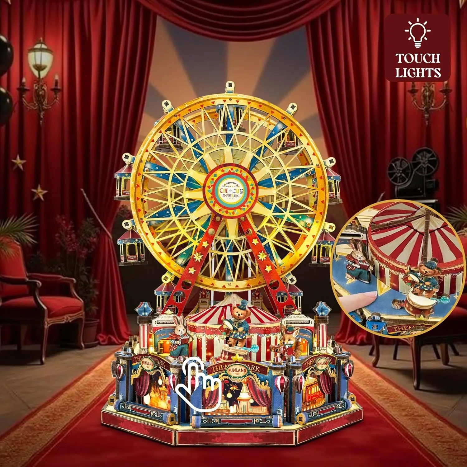 Vintage Amusement Park Ferris Wheel Wooden DIY Music Box Set, Slowly Rotating, Bear Rabbit Deer Circus Figures, Stress Relief Puzzle Craft, Retro Desk Shelf Decor