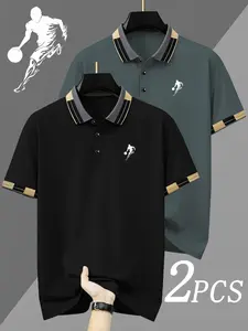 Men's Casual Fitted Polo Shirt, Geometric Pattern, Breathable & Comfortable, Four Seasons Wear, High-Quality Material, Two-Piece Set