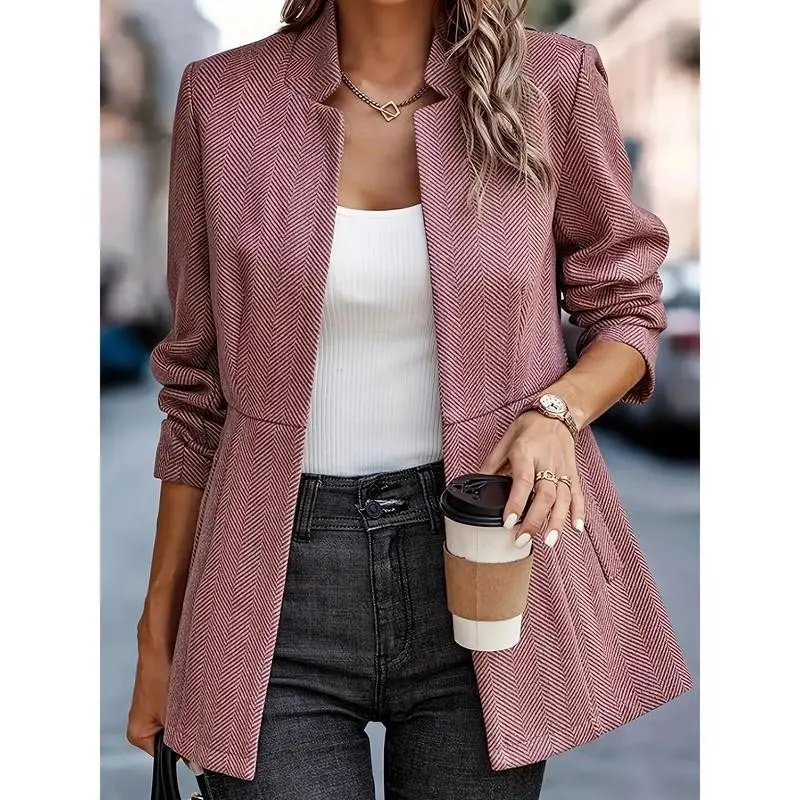 Women's Herringbone Front Blazer - Business Casual Long Sleeve Work Jacket with Full Lining and Thickened Shoulders Womenswear Suits