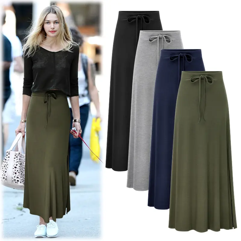 Plus Size Women Knit Midi Skirt for European American, High Waist Split A Line Stretch Knee-Long Skirt, Curvy Fit Elastic Mid Length Slit Skirt Fits Up to 200lbs Daily Casual Wear