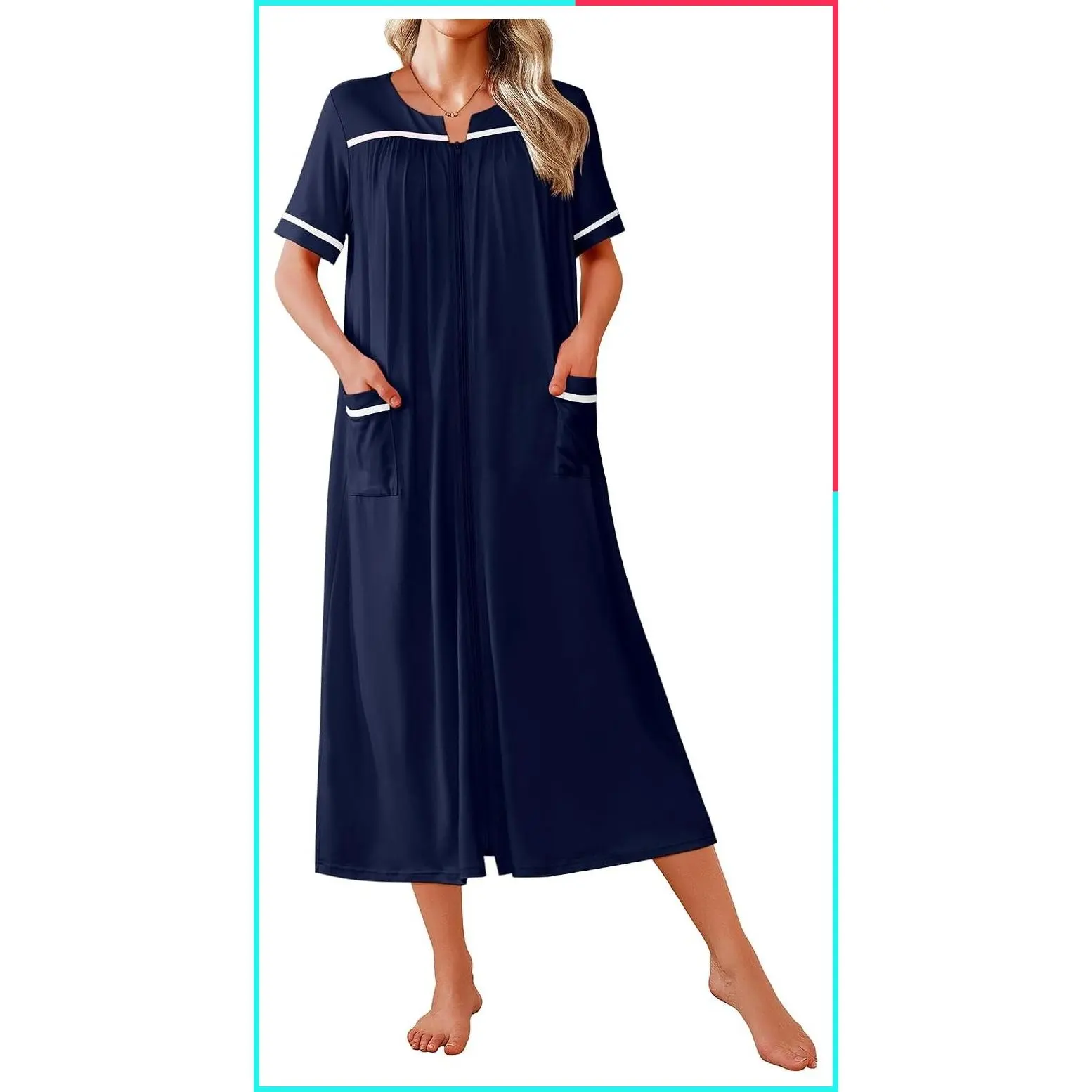 Women's Short Sleeve Zip-Up Robe with Pockets - Soft Lightweight Housecoat and Full Length Nightgown for Sleep, Home, Daily Wear, Travel