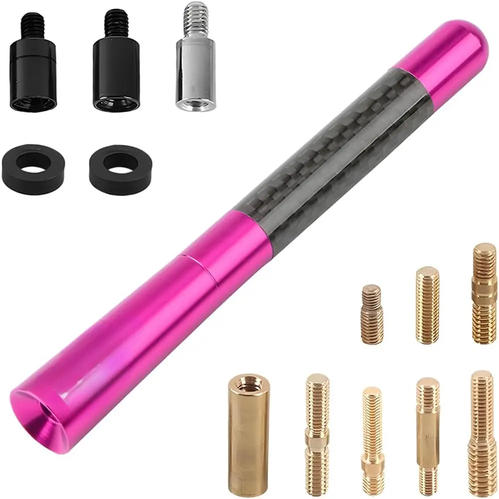 Carbon Fiber Car Short Antenna, 4.7 inch American Flag Vehicle Radio Billet Antenna with 2Screw 9Adapter 2Rings, Waterproof Automotive AM FM Reception Mast Replacement, Universal Fit (Pink)