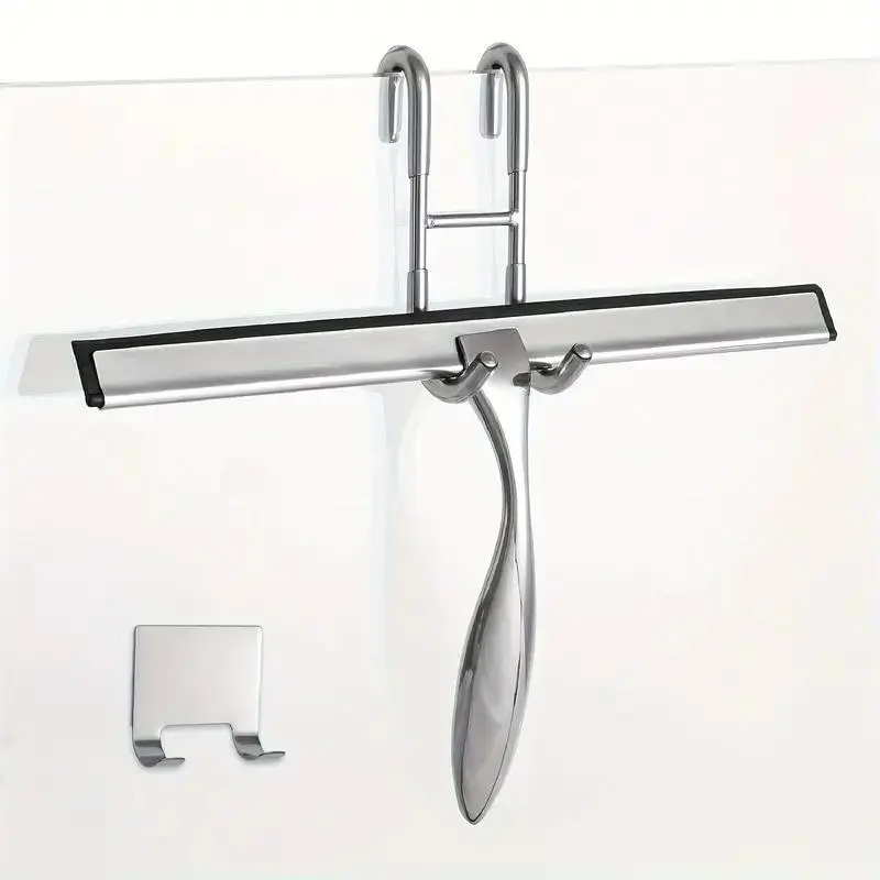 Stainless Steel Shower Wiper & Window Wiper, Bathroom Squeegee for Shower with Ergonomic Handle, Seamless Silicone Film, Adhesive Bracket, Shower Door Hook