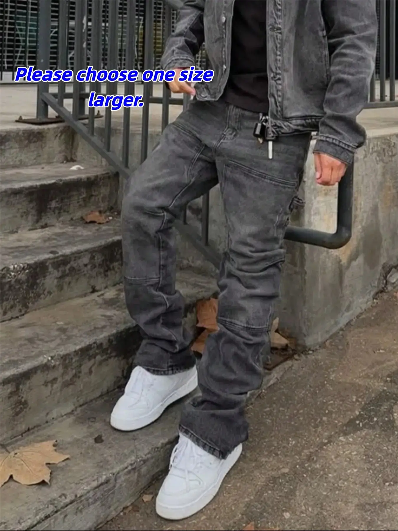 Men's Denim Jeans, Washed Solid Color, Elastic Patchwork Design, Slim Fit and High Street Korean Style, Streetwear Clothing