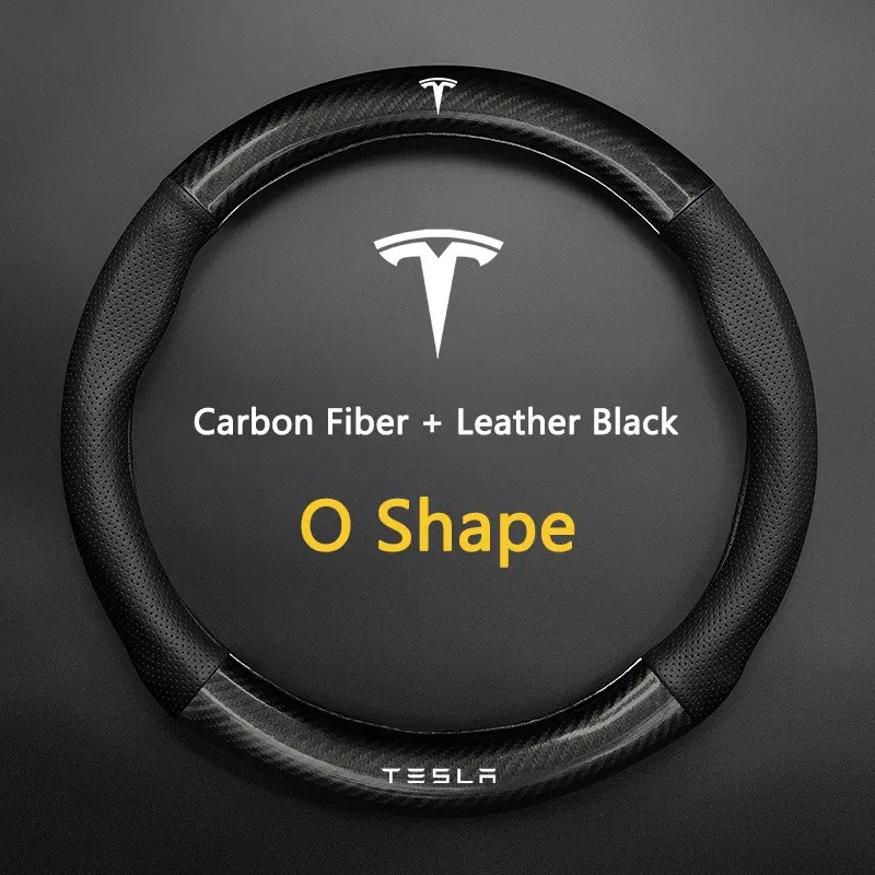 38cm High Quality Car Anti-Slip Steering Wheel Cover Carbon Fiber Leather Booster Cover For Tesla Cybertruck Beast Roadster Model 3 Model Y Model S Model X Accessories
