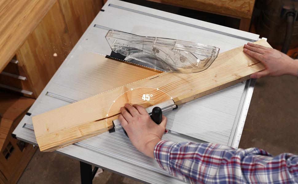 GARVEE 10 Inch 15A Table Saw with 5000RPM Power, Bevel Cutting Capability, and Included Stand for Versatile Woodworking Projects and Precise 90°/0-45° Cuts, Ideal for Professionals and DIY Enthusiasts.