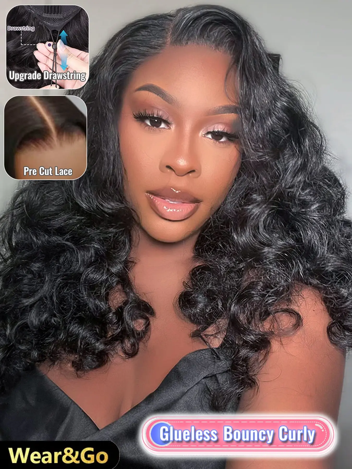 LUXURY Human Hair Bouncy Curly Wig, 5x5 Glueless Lace Closure Wig, Soft Defined Ringlets, Full Volume Curly Style, Natural Hairline, Wear and Go Design for Women