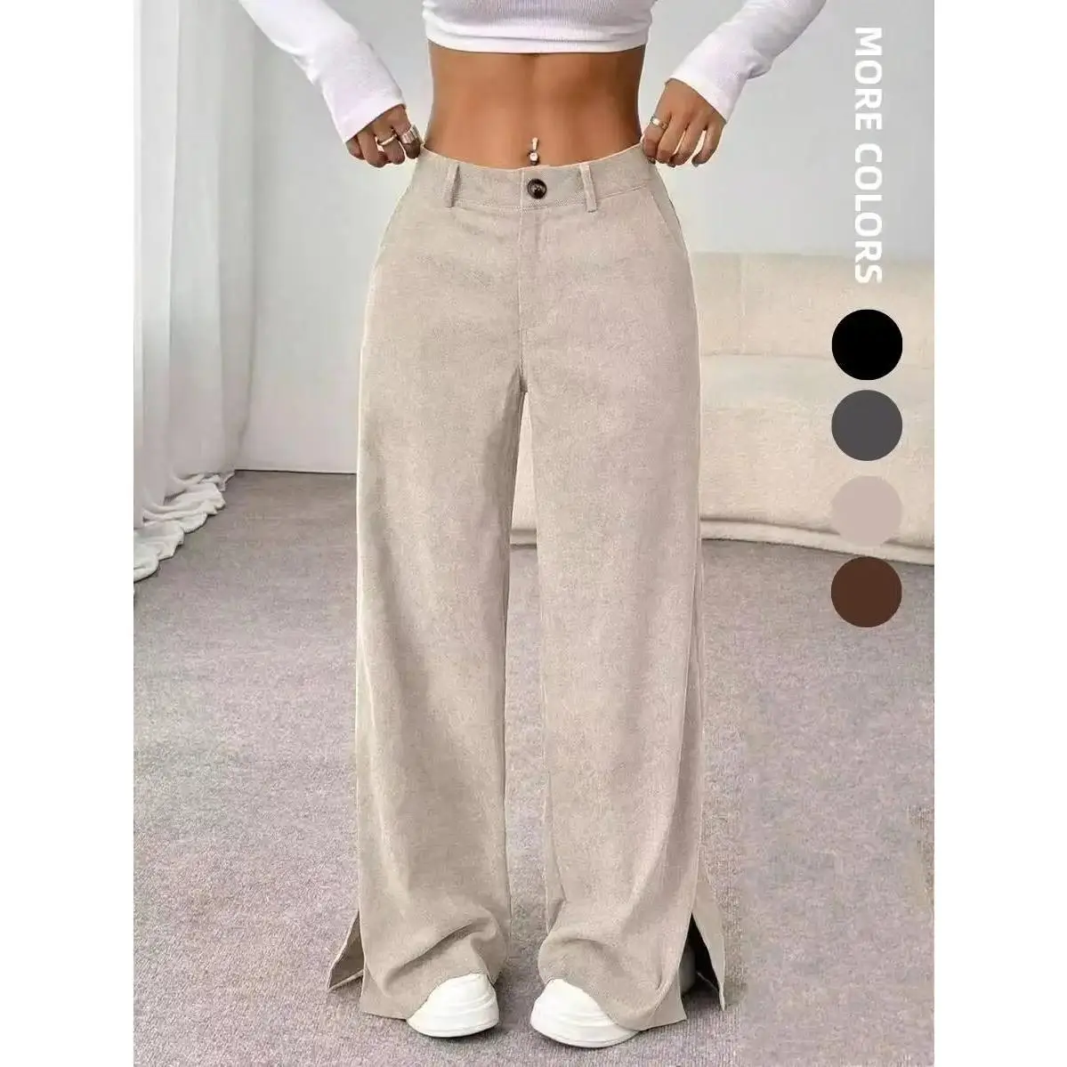 Women's Basic Retro Corduroy Trouser - High-Waist Wide-Leg Pants with Split Hem, Casual Loose All-Season Bottoms, Loose Fit Wide Leg Pants, High Waisted Wide Leg Pants