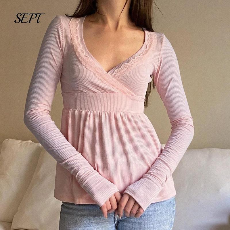 Women Fall Lace Patchwork Long Sleeve Tops Y2k  Babydoll Shirts Vintage Aesthetic Crop Top