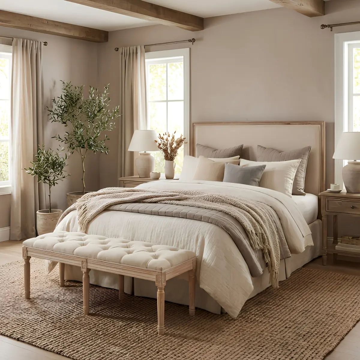 Bedroom Bench, French Vintage Tufted Entryway Bench, 47.2" Carving Upholstered End of Bed Bench with Distressed Wood Legs, Linen Ottoman Seat for Living Room, Foyer, Dining Room, bench seats