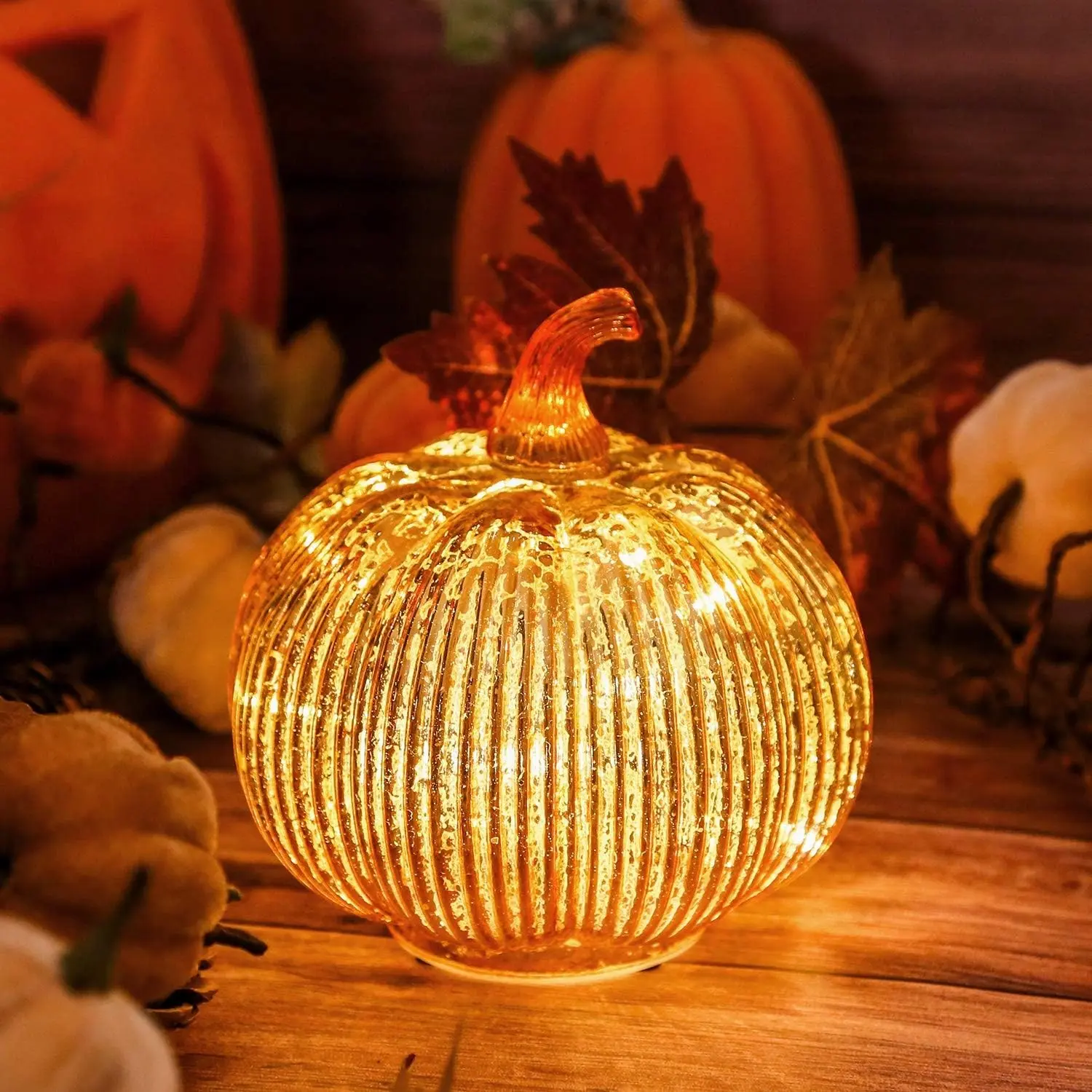 Gold Mercury Glass Pumpkin Light with 2 Lighting Modes and 6-Hour Timer, 5.5 x 6 Inch Battery Operated Fall Table Centerpiece for Thanksgiving and ChristmasGift