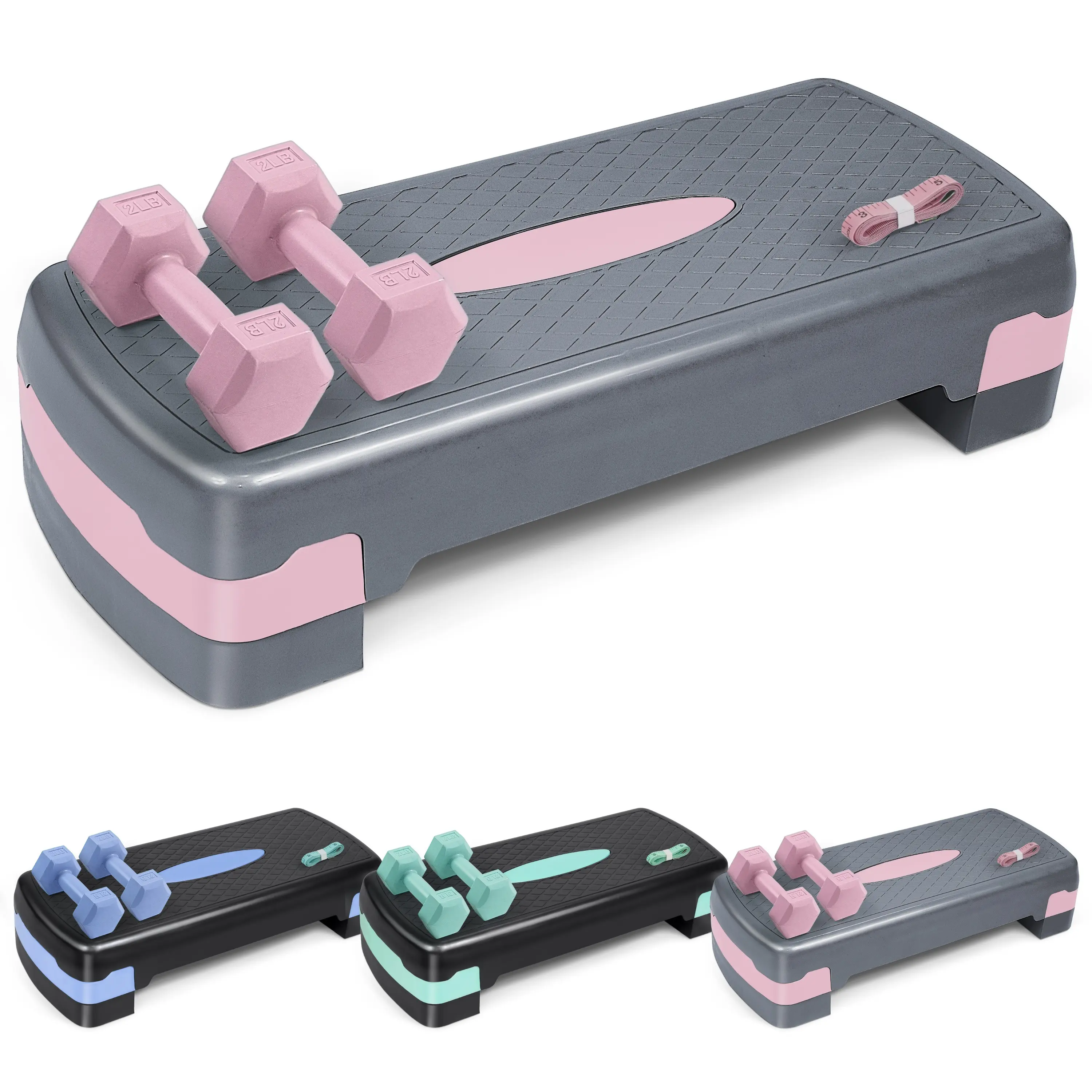 Aerobic Stepper Set with Dumbbells & Measuring Tape, Adjustable Height 2 Level Risers Workout Exercise Step Platform, 3 Colors, the Ultimate Gift for a Joyful Holiday and Merry Christmas