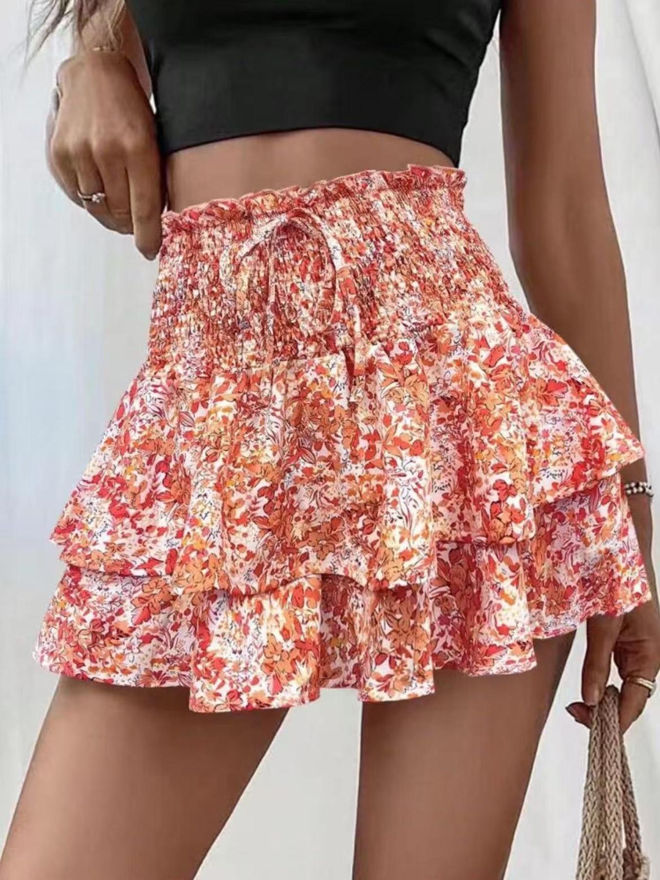 Women's Floral Print Woven Frill Trim Shirred Tiered Layer Shorts, Casual Loose High Waist Tie Front Drawstring Wide Leg Shorts for Spring & Fall, Women's Bottoms for Daily Wear
