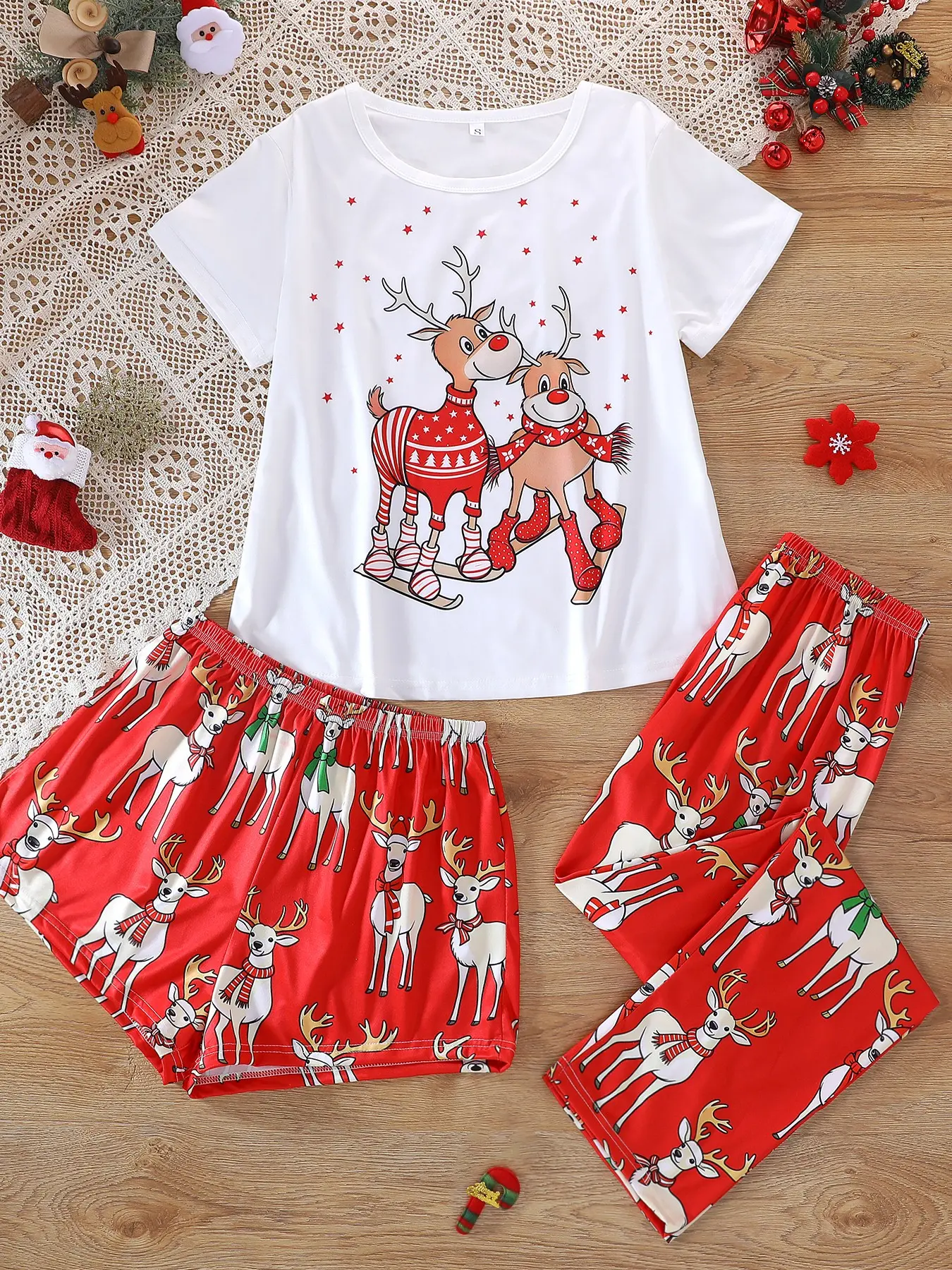Women's 3-Piece Pajama Set, Short Sleeve, Striped Pattern, Fitted, All Seasons, Comfortable Home Wear, Christmas Party