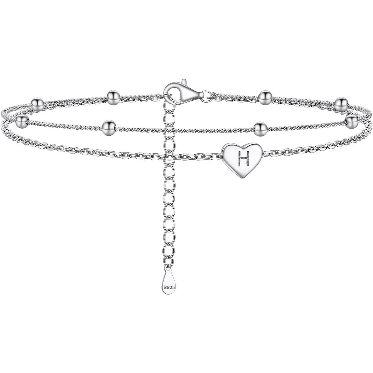 Initial Ankle Bracelets for Women, Dainty Silver Letter A-Z Layered Anklet, Heart Ankle Bracelet Beach Jewelry, Come with Box