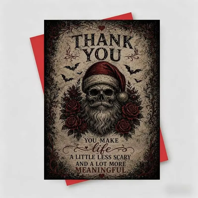 Halloween Gothic Thank You Card with Skull Santa and Roses, Dark Vintage Style, Perfect Gift for Friends and Colleagues