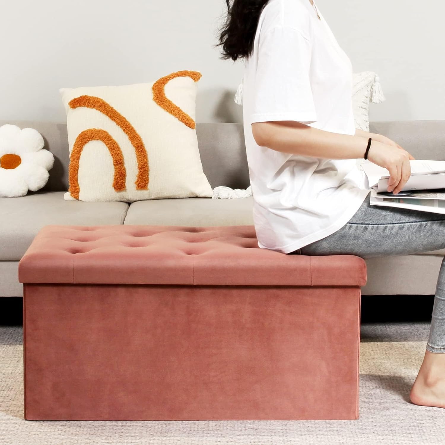 Folding Storage Ottoman, Long Ottomans Shoes ench,  Storage Chest Footrest Seat 31.5"x15.7"x15.7" (Warm Red, Large)