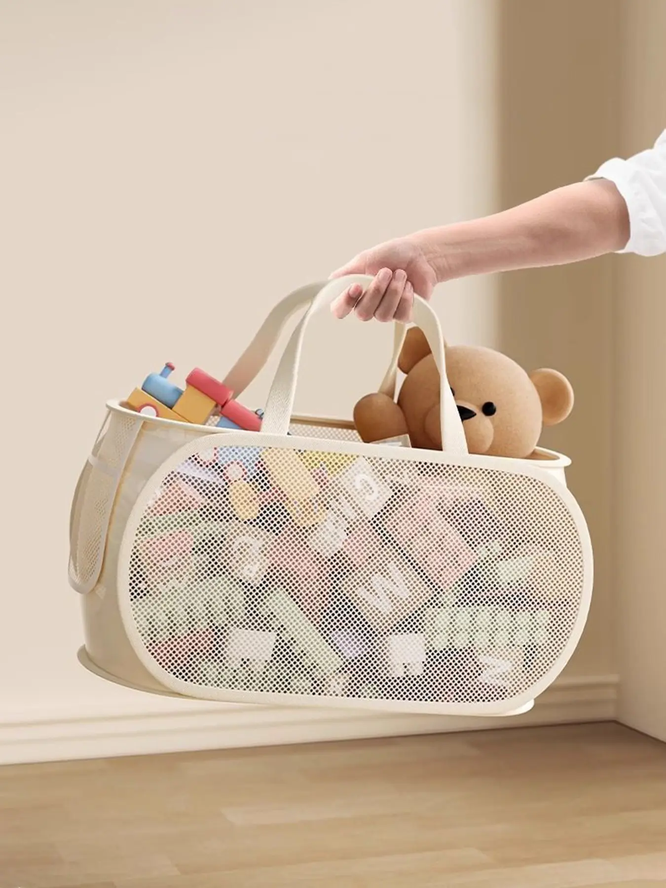 Large Capacity Toy Storage Basket, Grid Design Home Organizer, Blue Handheld Clothes Storage Bin, Miscellaneous Toy Storage Bag