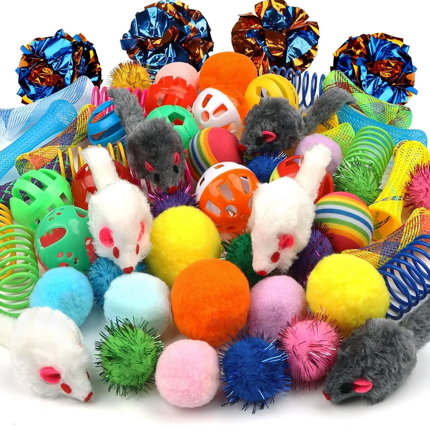 Kitten Toys 60PCS Cat Balls Springs Toy Set Cat Mouse Toy Kitten Sparkle Crinkle Balls Furry Soft Pom Pom