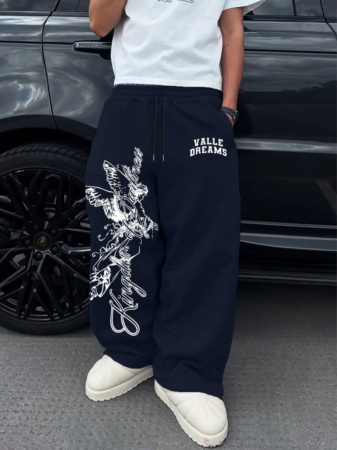 Men's Casual Long Pants, Waist Drawstring Straight Leg, Pocket, Angel Pattern Print, Comfortable Daily Wear, All Season Men's Pants, Sports & Leisure