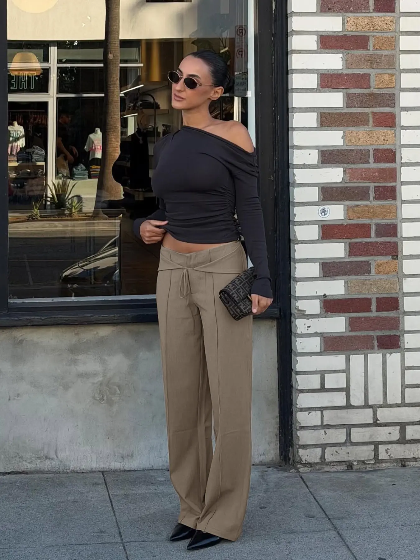 Asymmetrical Waist Tie Belt Wide Leg Pants, High Waist Loose Fit, Split Design, Slimming Seven-Quarter Suit Pants, Casual Office Wear