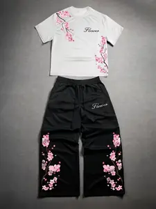 Men's Cherry Blossom Print Tee and Pants Set, Soft Sweet Cool Style, Daily Casual Two-Piece, All Seasons Fashion