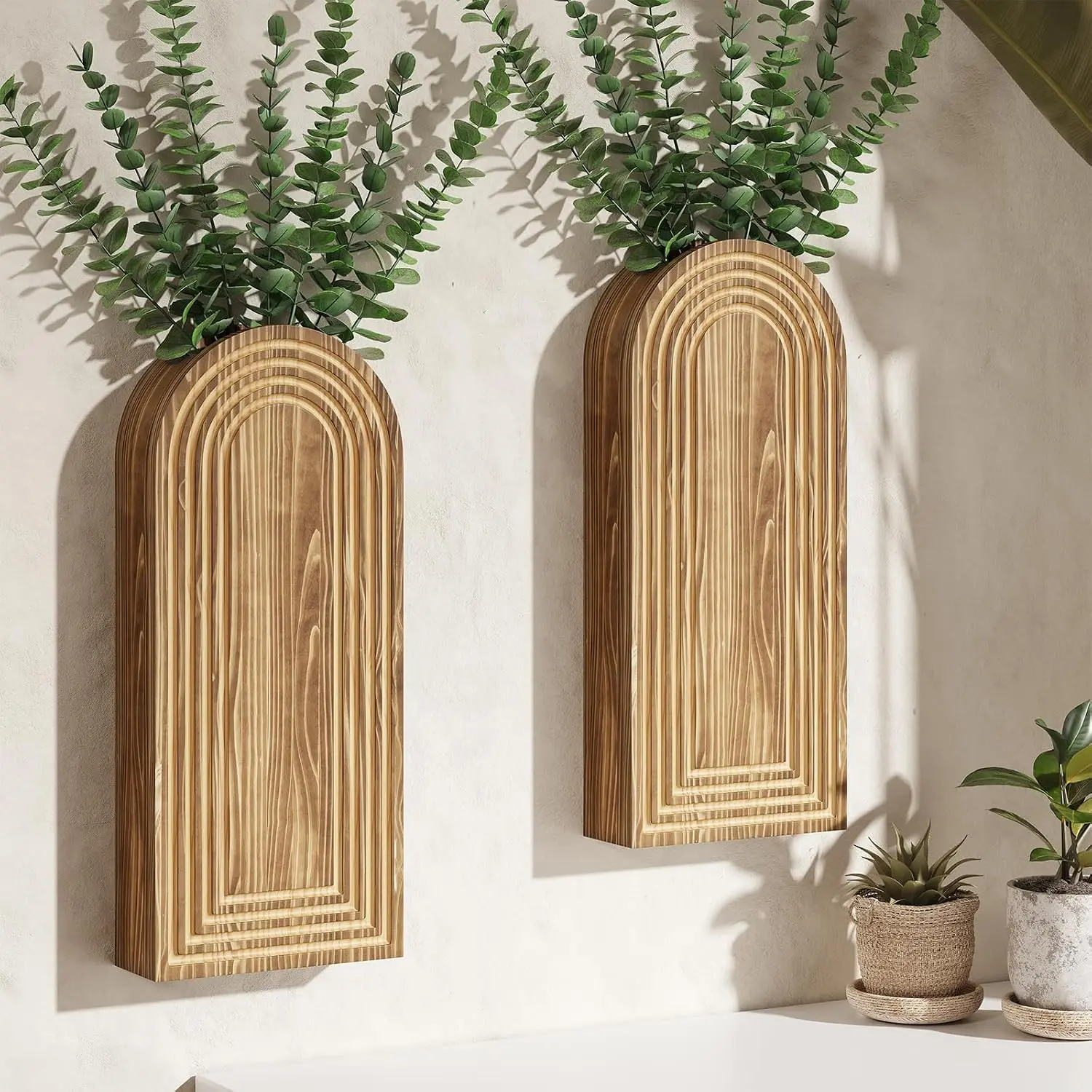 2 Pack Wooden Wall Vase with 14  Eucalyptus, Modern  Boho Art House Decor, Planters for Indoor  , Wall  Holder Planter for Bathroom, Kitchen, Bedroom, Dining/Living Room
