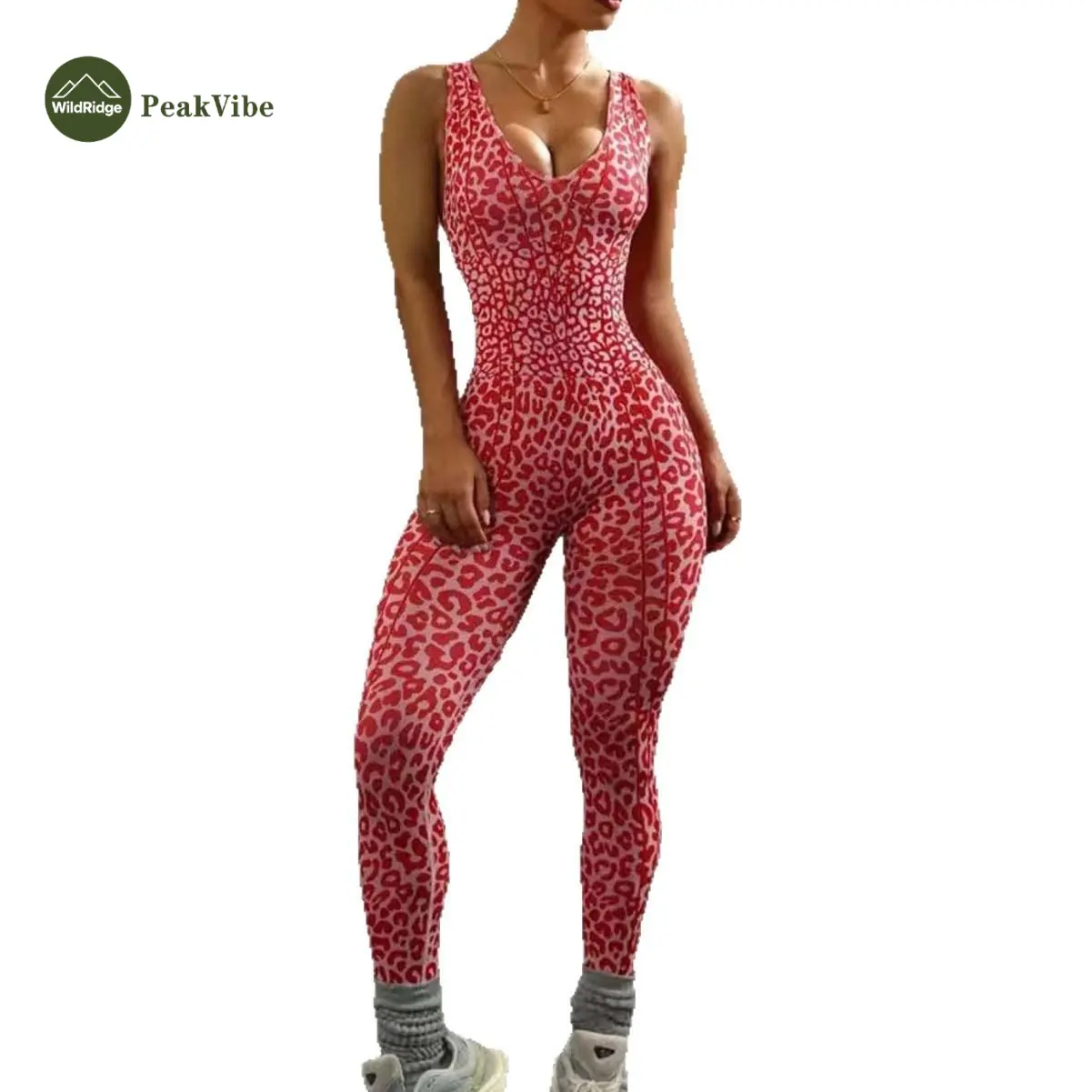 Women's Fitted Red Leopard Print Cross-Tie Seamless 1-Piece Yoga Jumpsuit - Gym Fitness, Sports Casual Outerwear, Trendy Style, Deep V Neck, High Stretch, Moisture Wick, Cross Tie Top, Quick-Dry, Sexy, Female Wear