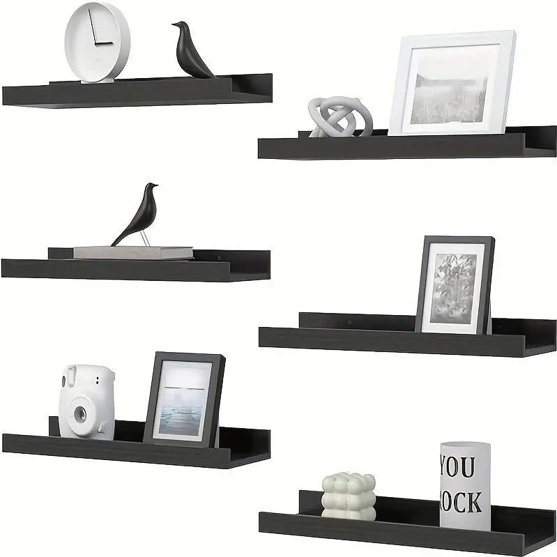 6pcs 6pcs (6pcs Suitable for Bathroom, Kitchen, Living Room) Carbonized Black Floating Shelves - Rustic Oak Wood Wall-Mounted Shelf with Oak, Adjustable Length Suitable for Plants, Books, Decor, Assembly for Office Storage, Floating Shelves
