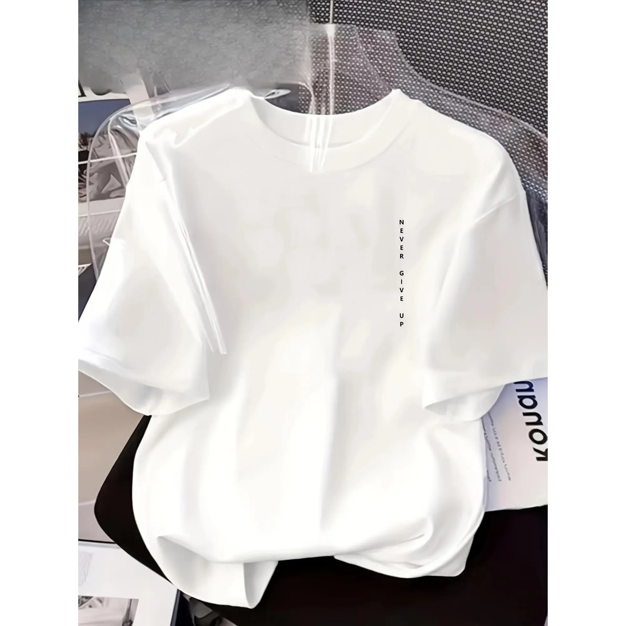 Women'S Pure White Short-Sleeve T-Shirt - Simple Round-Neck Top, Suitable For Daily Wear And Outdoor Activities, Comfortable Stretch Fabric, Vertical Print On The Chest, Casual Top