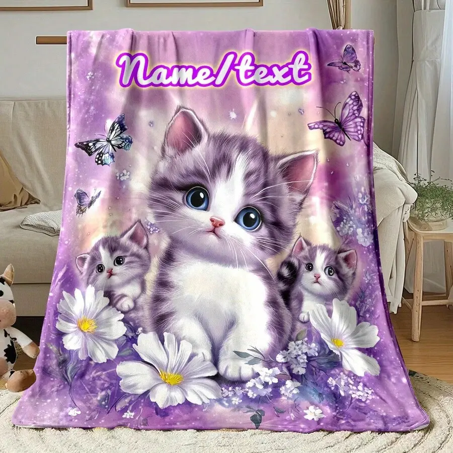 Custom Name Three Cats Flannel Throw Blanket, Personalized Name/text Blanket with Dreamy Purple Kitten Butterfly Flower Design, Soft Cozy Warm Throw for Couch Bed Sofa, Cat Lover Birthday Gift for Her Teen Girls, Customizable Neon Text Bedroom Decor