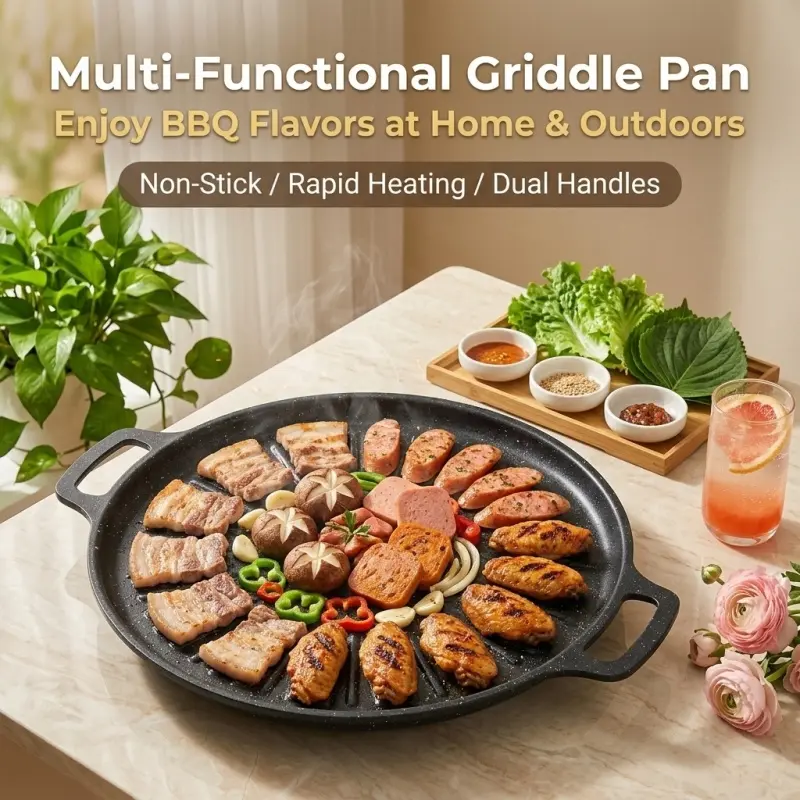 1Pc  Round Non-Stick Ridged Grill Pan with Dual Handles, Fast Heat Conduction Lightweight Multi-Functional Griddle for Steak BBQ Home Stovetop Cooking Kitchenware