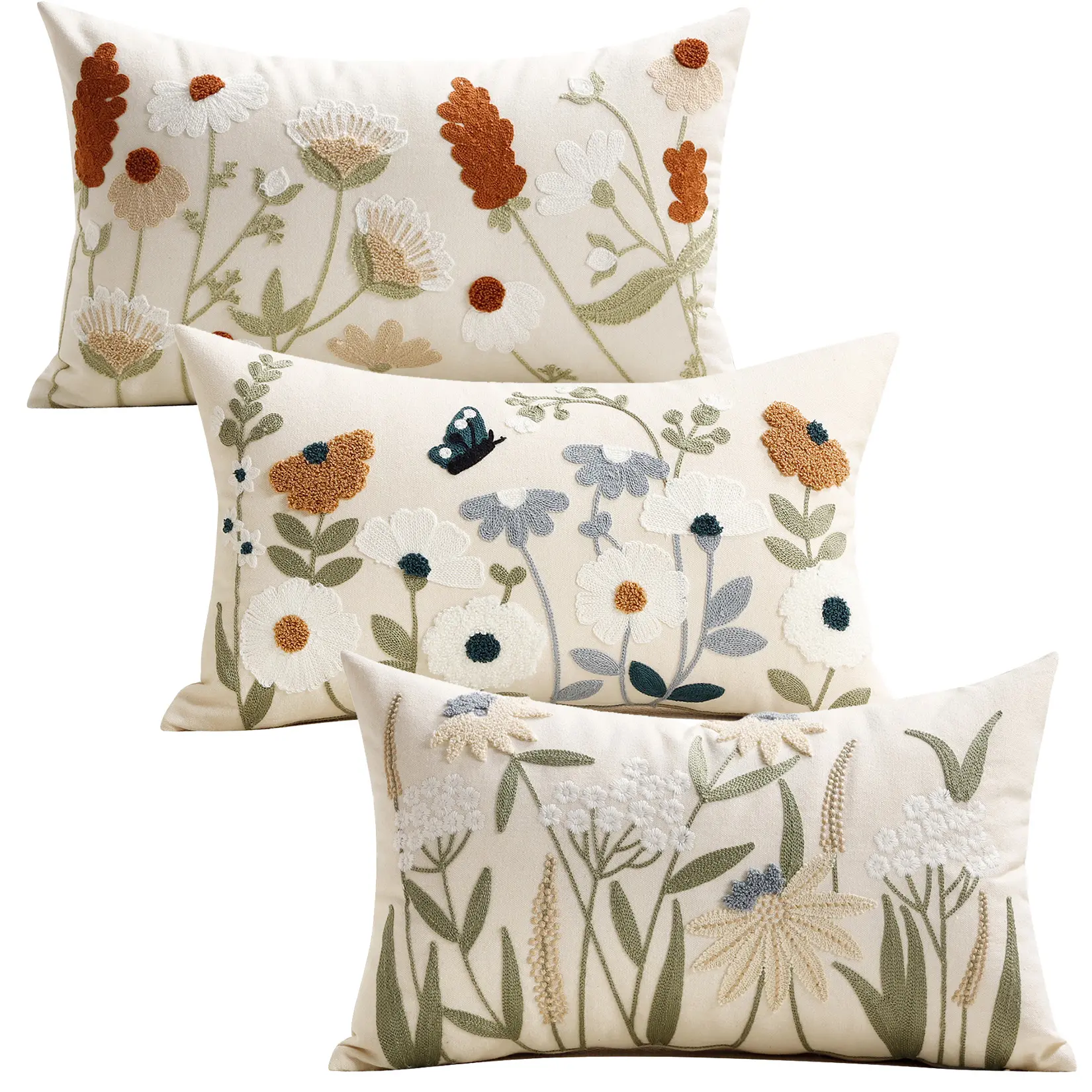 3-Pack 12x20 Embroidered Floral Lumbar Pillow Covers – Textured Botanical Cushion Cases, Hidden Zipper – Farmhouse Decorative Throw Pillows for Couch, Bed & Chair (Insert Not Included)