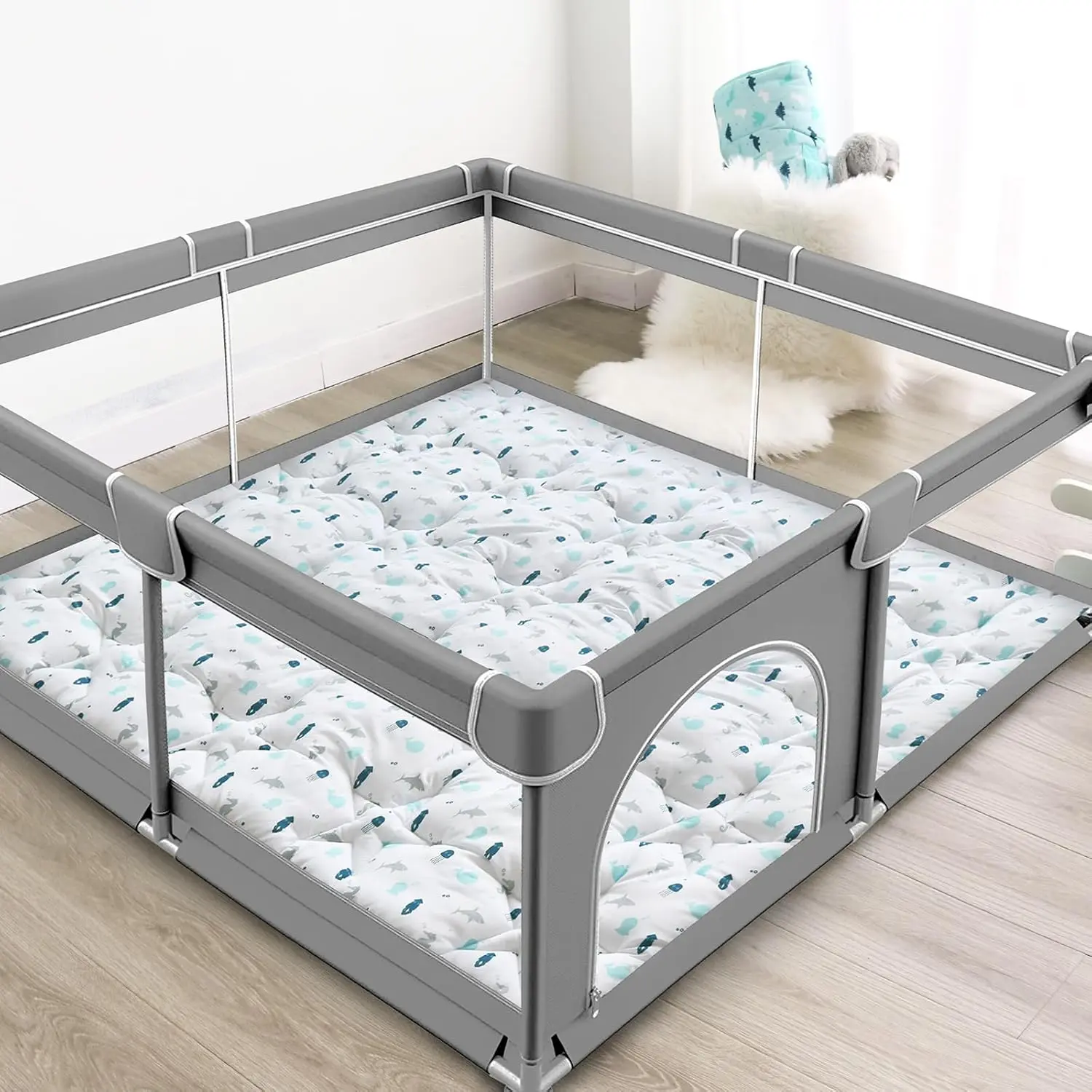 Baby Play Mat  Boys Girls,50'' x 50'' Baby Playmat  Playpen, One-Piece Crawling Play Mat Non Slip, Toddlers, White Ocean