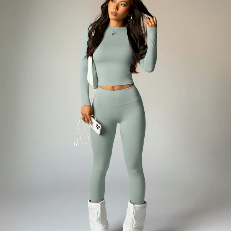 Women's Sporty High Stretch Activewear Yoga Fitness Two-Piece Set, Round Neck Long Sleeve Top & High Waist Tight-Fit Pants, Breathable Comfortable Yoga Gym Wear Athletic Sportswear, Yoga Clothes Set