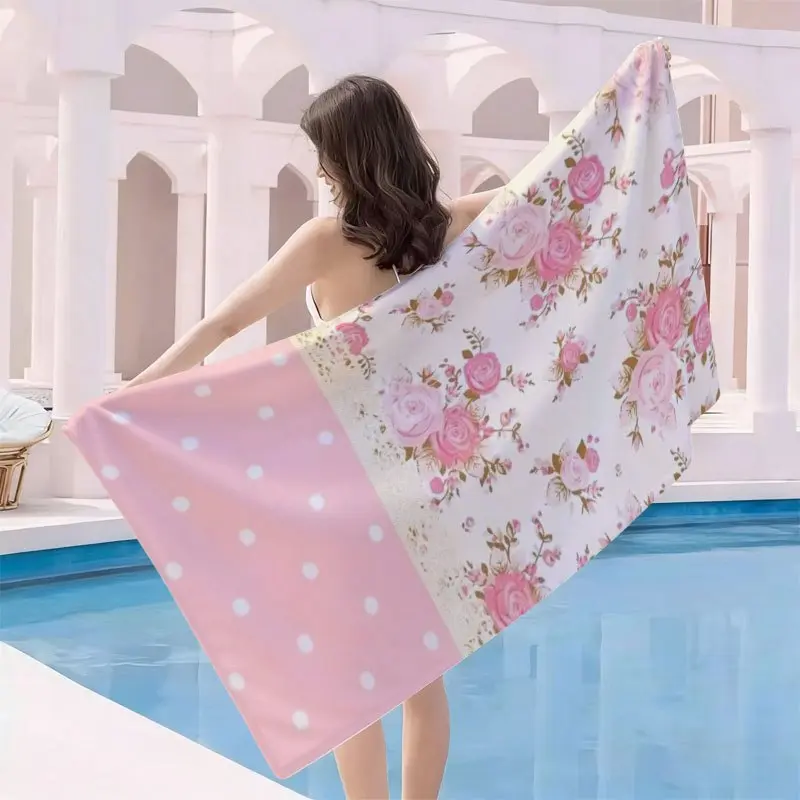 Women's Quick-Dry Sand-Free Lightweight Microfiber Beach Towel - Vintage Pink Rose Flowers Polka Dot Patchwork Print, Cottagecore Enthusiasts' Mother’s Day Gift for Swimming, Beach Trips