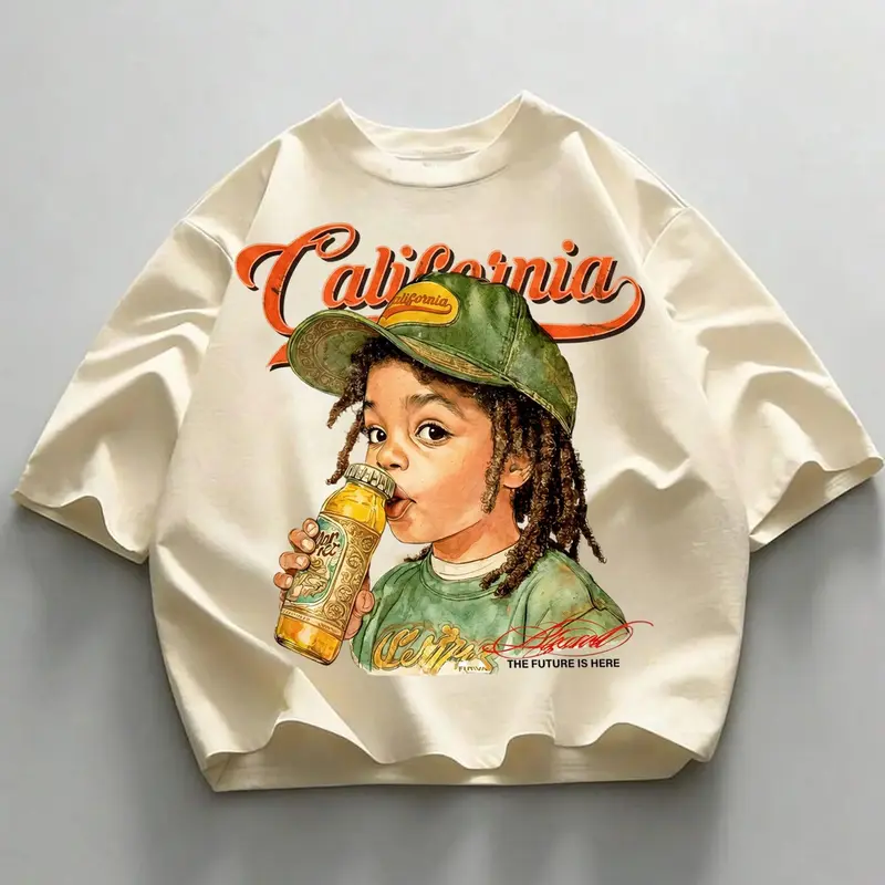 Men's California Retro Boy Graphic Print Loose T-Shirt, 90s Hip-Hop Streetwear, Casual Oversized Short Sleeve Tee, Casual Graphic Design