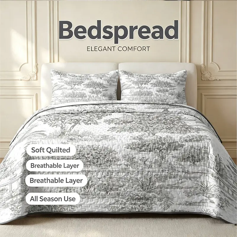 Premium Stitched Quilted Bedspread, Vintage French Toile Print, Soft Microfiber Reversible Coverlet, Elegant Bedroom Decor, Soft Quilts Bedspreads