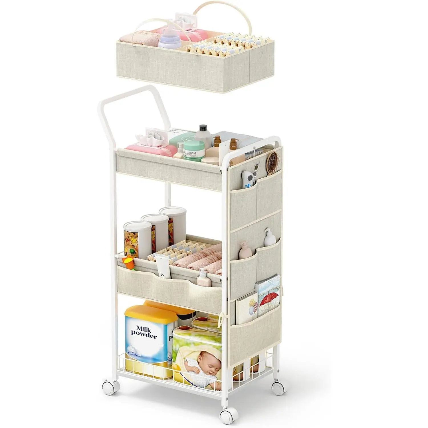 3-Tier Diaper Caddy Organizer - Rolling Utility Baby Cart with Basket and Side Pockets for Nursery and Baby Essentials, Multi-Function Cart for Bedroom and Bathroom, Beige