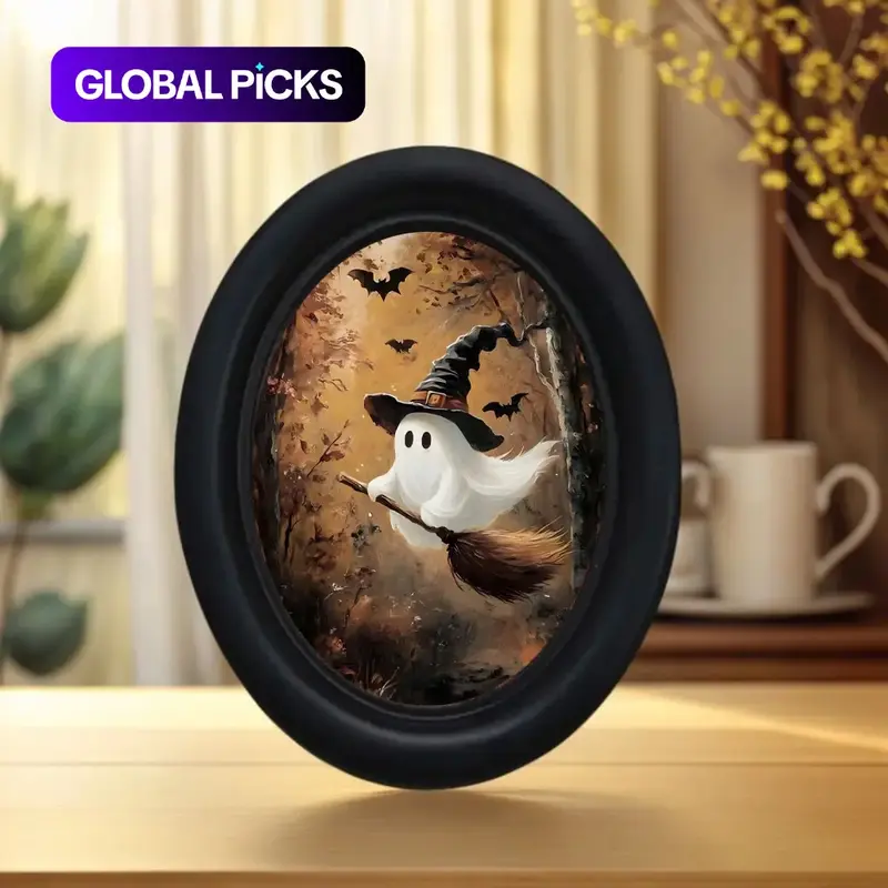 Vintage Ghost with Cat Sitting on Witch Broom Desk Decor Home Decor Ornaments Decorative Piece 5.25x4.16 Inches, Hand-Carved Oval Home Decoration Decorative Ornament for Halloween Christmas Thanksgiving Desktop Ornament Handmade Ornament #GLOBAL PICKS