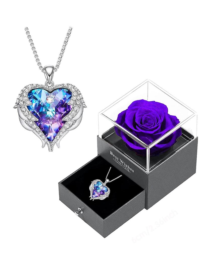 Valentine's Day Women's Artificial Gemstone & Rhinestone Decor Pendant Necklace with Rose Gift Box, Fashionable Heart Shaped Necklace for Women & Girls, Suitable As Gift, Jewelry, Mother's Day Gifts, Gift Set for Mothers, Gifts for Her