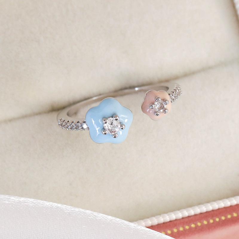 Spring and summer macaron-colored oil-drip flower heart ring with zircon inlay, open niche ring for women, personalized index finger ring
